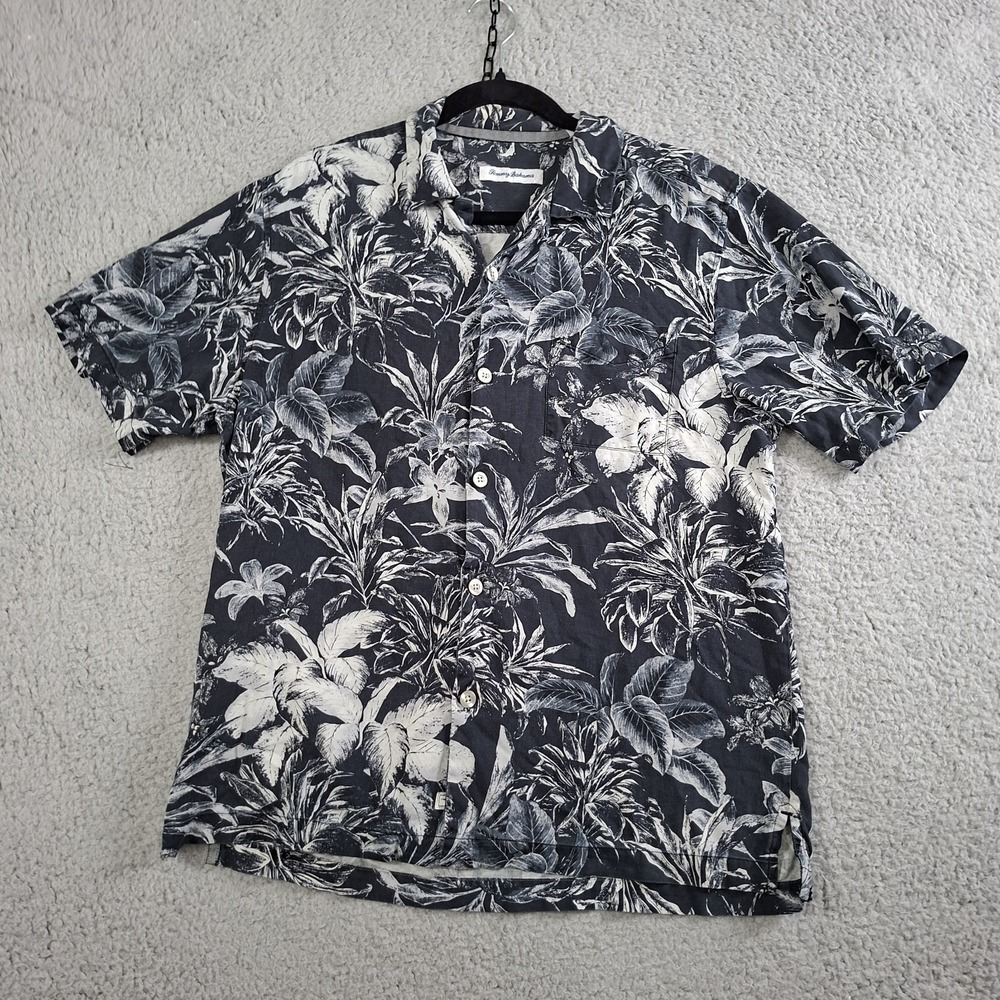 Tommy Bahama Men's M Black White Floral Button-Up Hawaiian Shirt Camp Silk